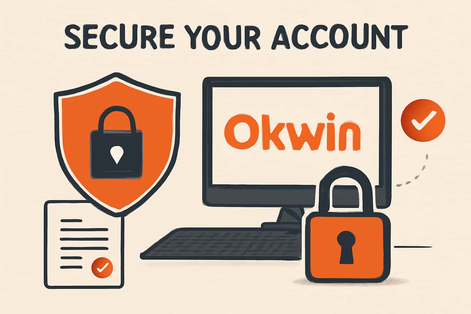 Visual representation of securing an Okwin account with technology elements.
